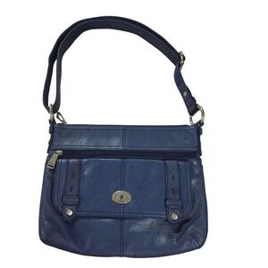 Fossil Maddox Blue Leather Crossbody Bag Flap Lock Shoulder Strap
